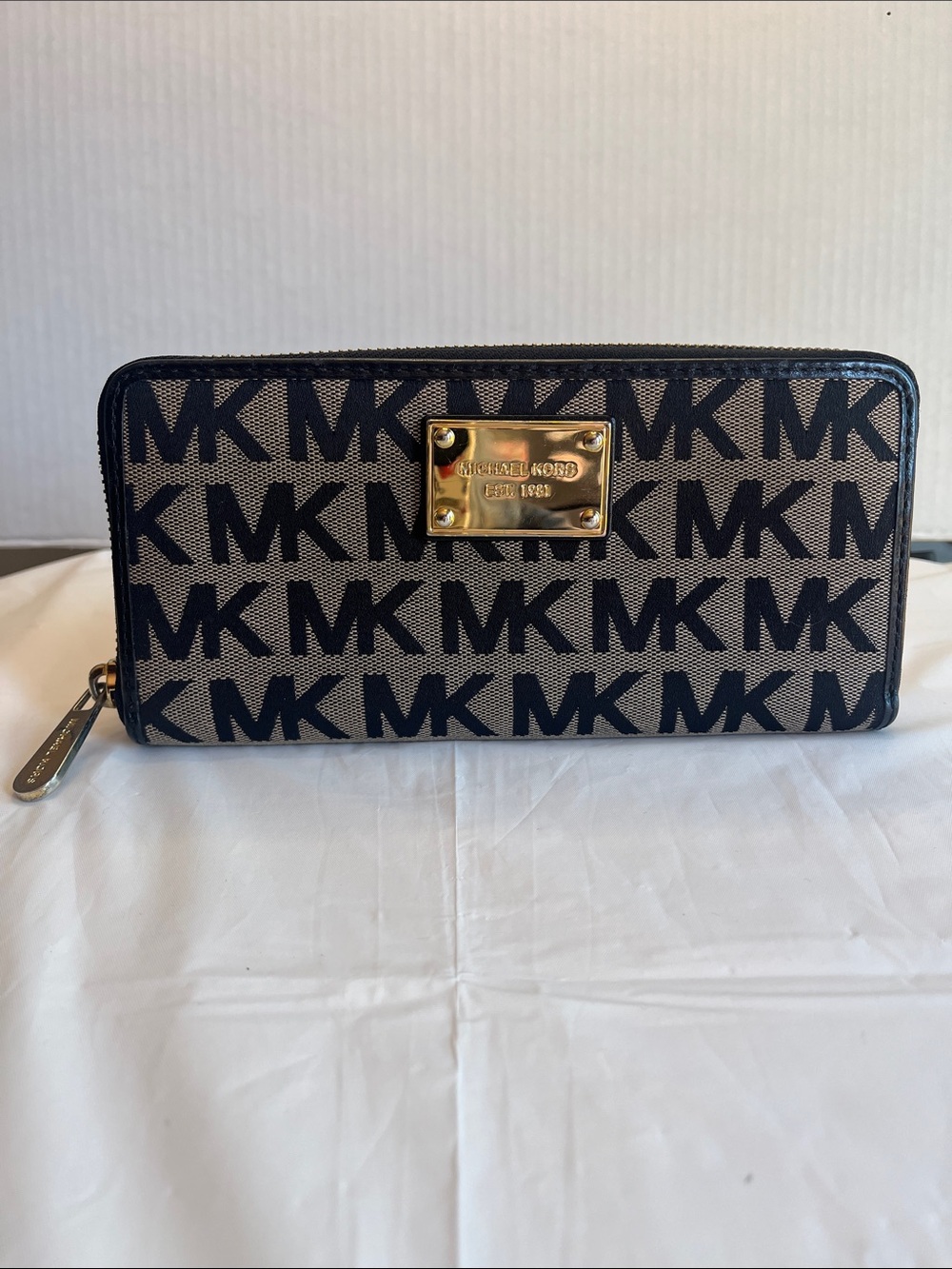 Michael Kors Tan and Black MK Logo Zip-Around Wallet with Gold Plaque